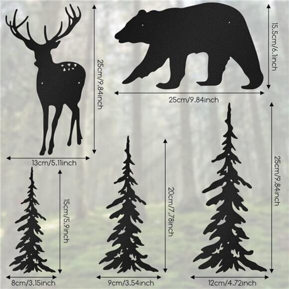 6-Piece Rustic Metal Wall Art Set - Deer, Bear, Pine Tree Forest Decor (Black) - Picture 2 of 8